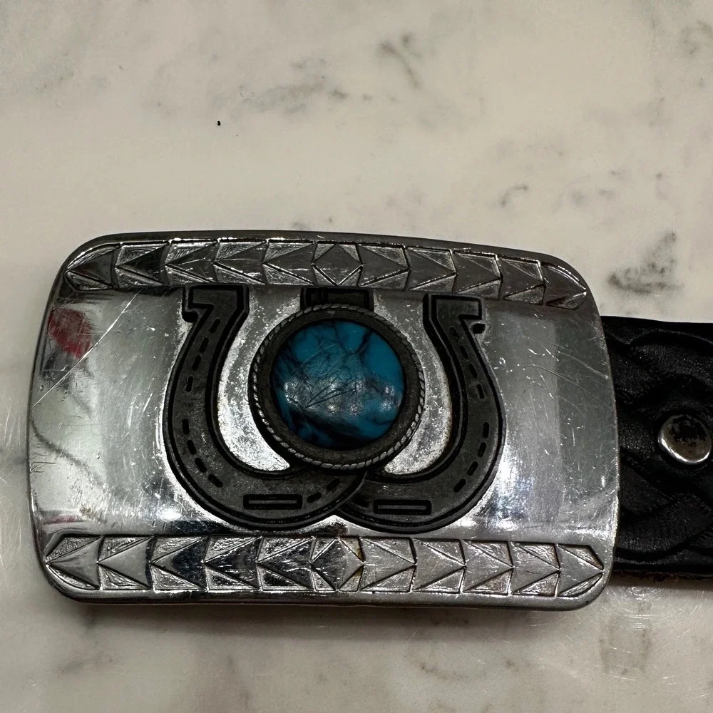 Vintage Western‎ Braided Leather Belt 38 Horseshoe Turquoise Buckle USA Made